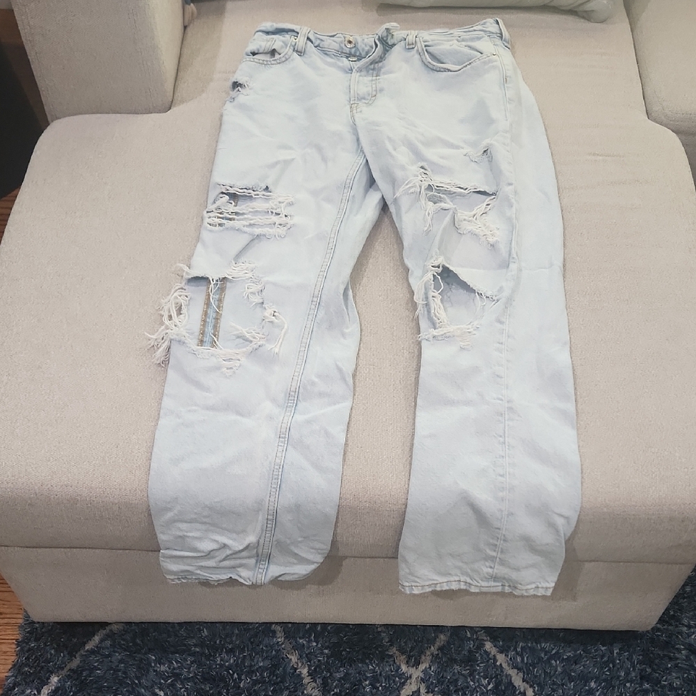 H & M High Waisted Boyfriend Distressed Light Blue Jeans